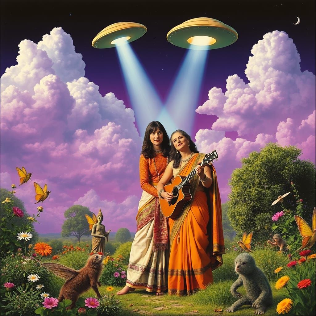 Psychedelic Garden Scene with Fairies and UFO