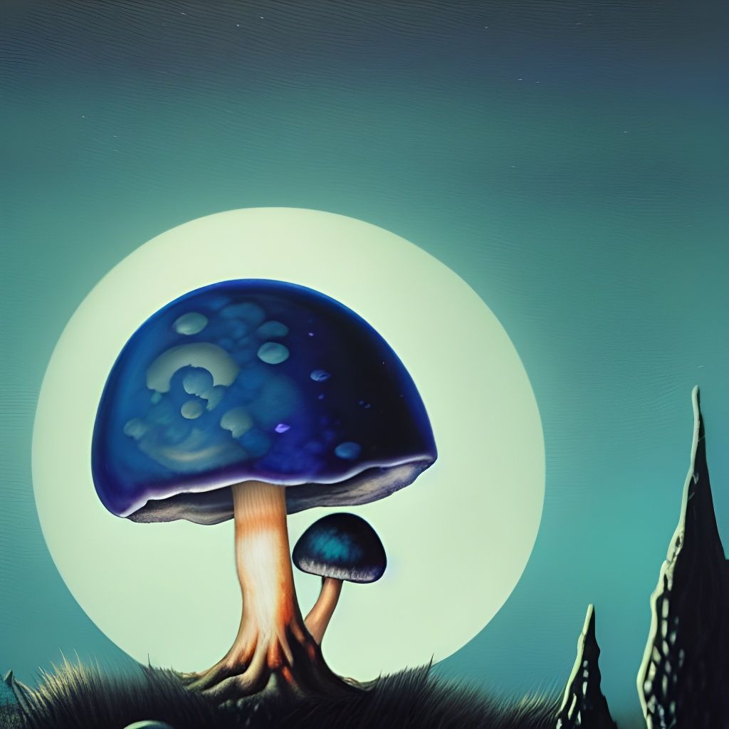 Sapphire Mushroom Under Moonlight in Surrealist Style