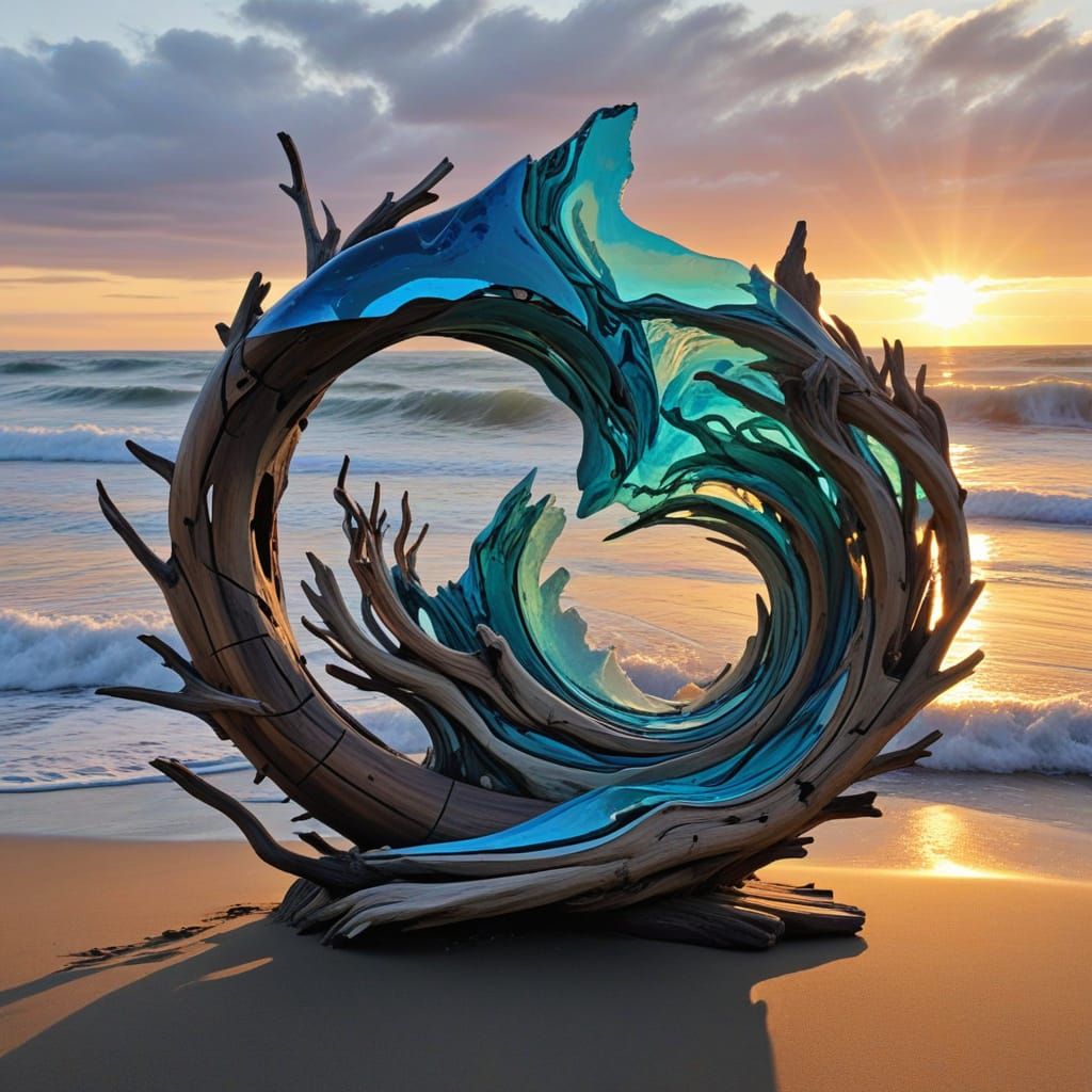 Driftwood Sculpture Captures Ocean Sunset