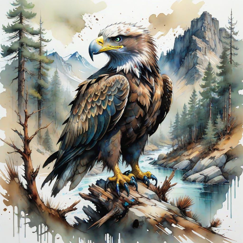 Regal Eagle Perched Amidst Majestic Mountain Stream