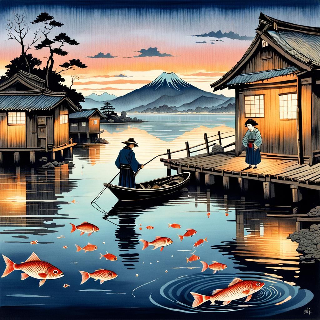 Fisherman and Wife in Ukiyo-e Style