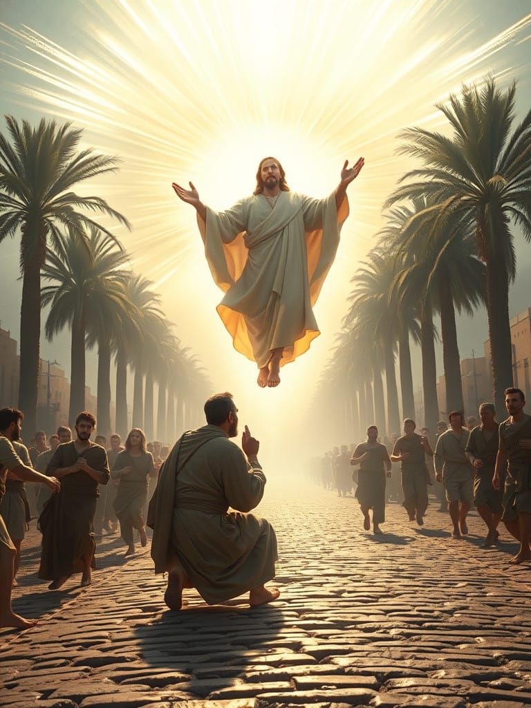 Paul Encounters Jesus on the Road to Damascus in Neon-Lit Gl...