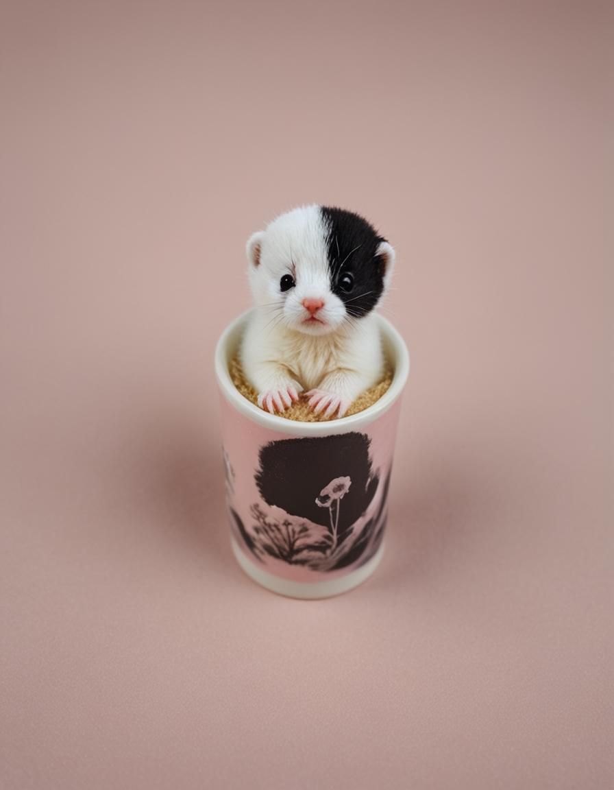 Tiny Stoat in Cup: Hyperrealistic Pastel Dream