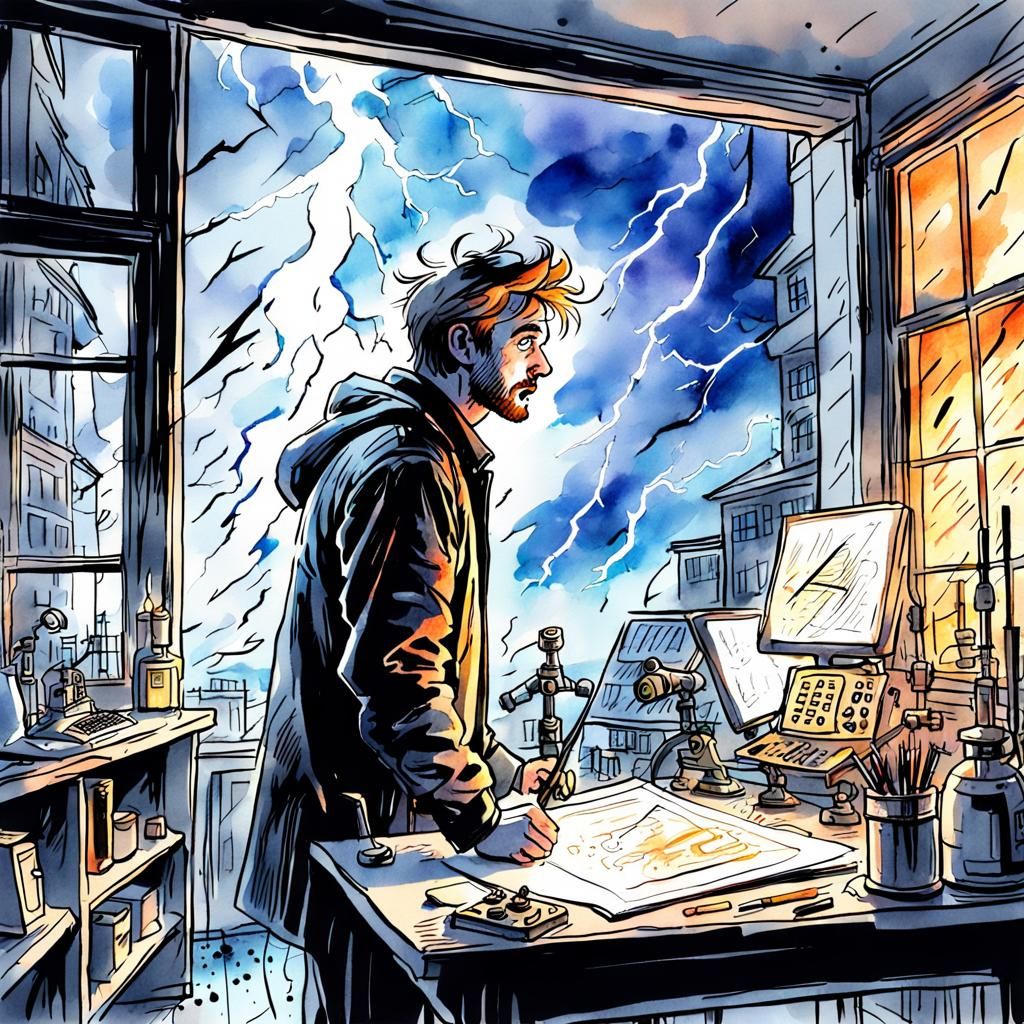 Inventor's Lightning Escape: Watercolor Sketch with Contours