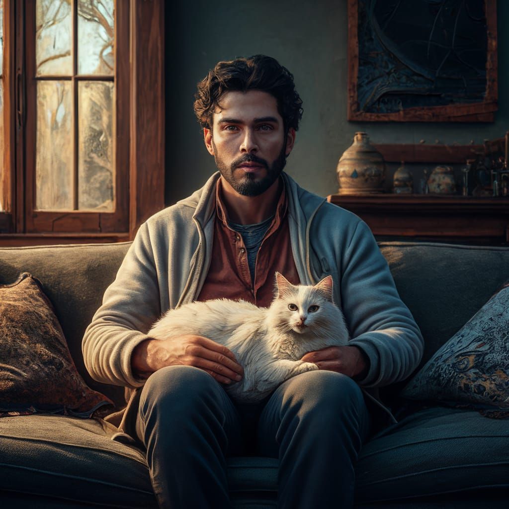 Latino Man and Persian Cat: Digital Art