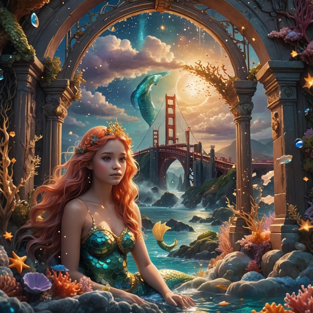 Underwater Mermaid Scene with Golden Gate