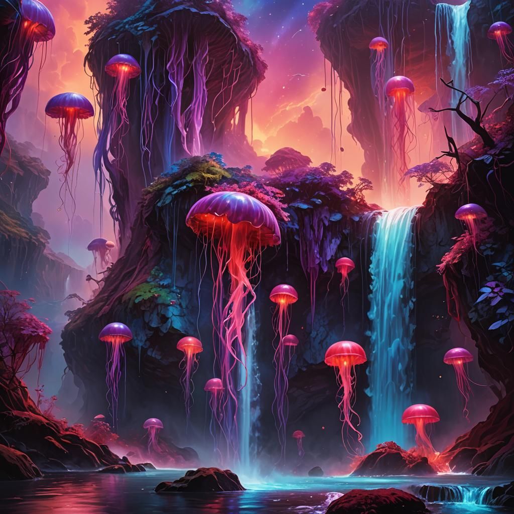 Cosmic Waterfall with Jellyfish in Art Nouveau Style