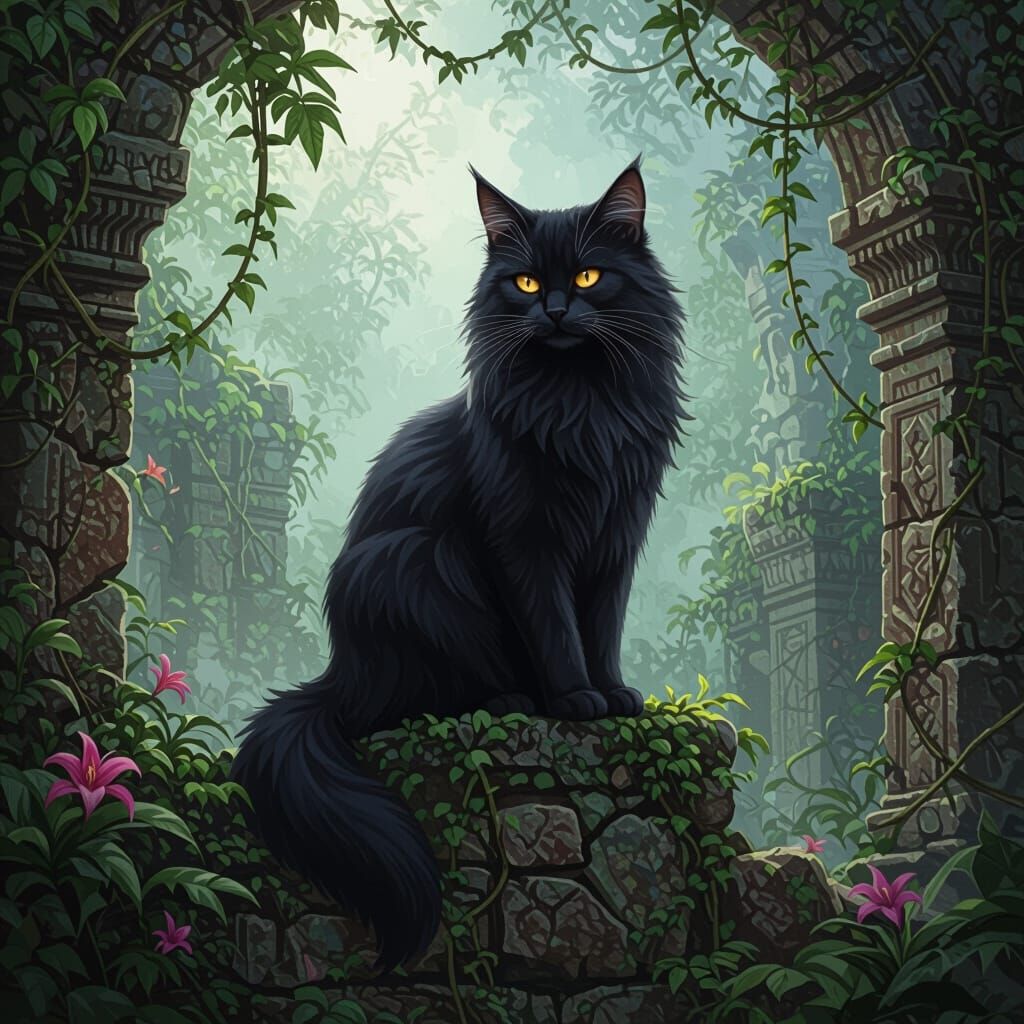 Obsidian Cat on Jungle Ruins in Dark Fantasy Style