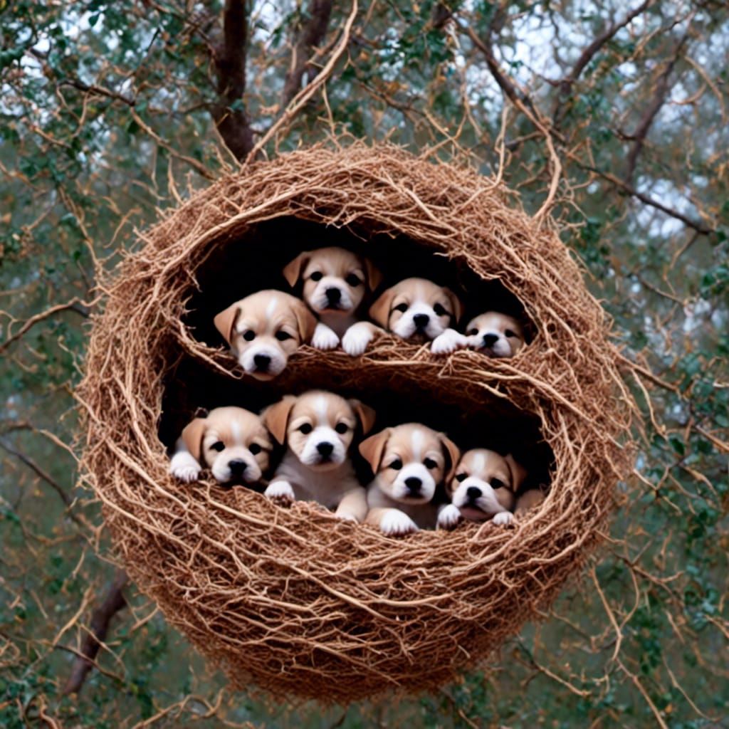 Puppies in Treehouse Basket
