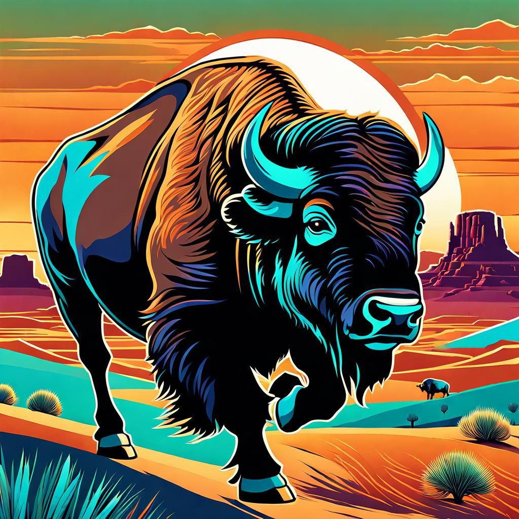 Bison in Arizona Landscape, Art Nouveau Style
