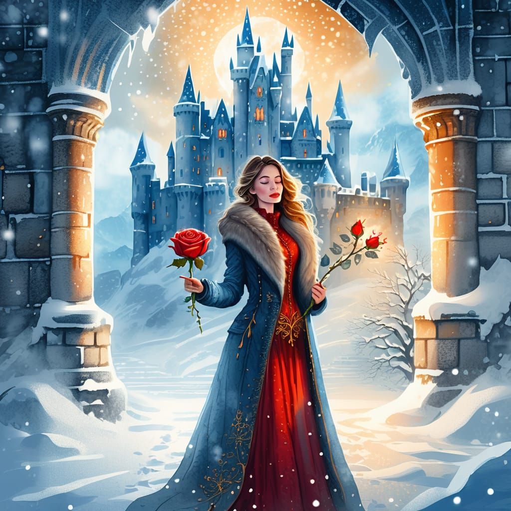 Winter Castle Rose: Whimsical Watercolor Fantasy