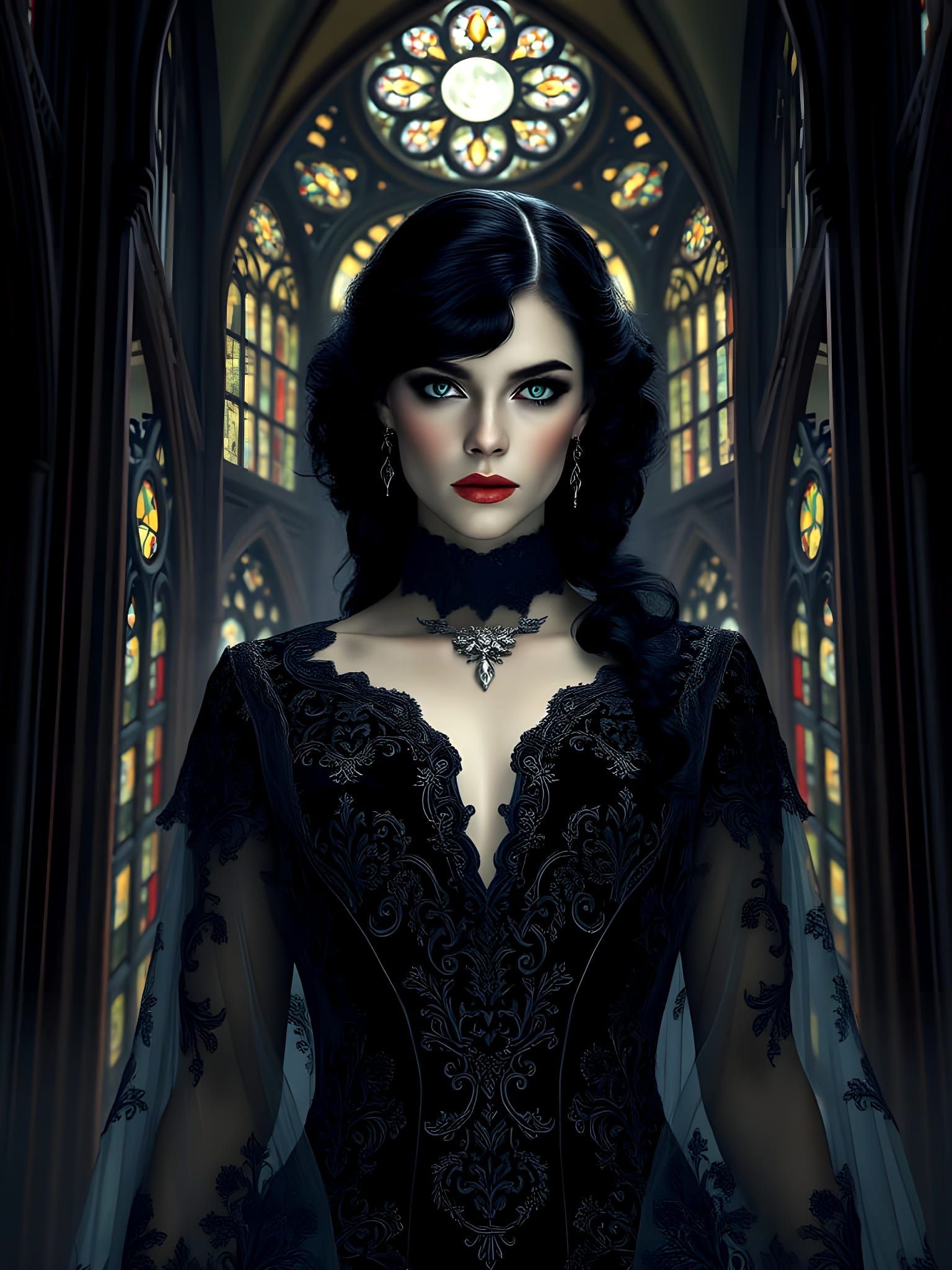 Surreal Vampire Queen in Grand Gothic Cathedral