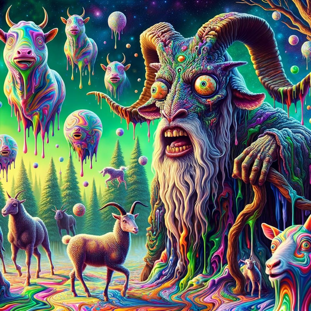 Psychedelic Wizard Creature in Cosmic Melting Landscape