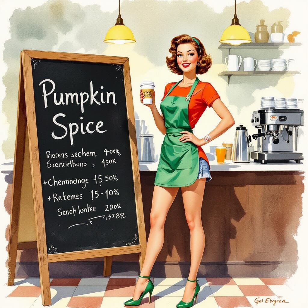 Barista Holding Pumpkin Spice Coffee in Watercolor Style