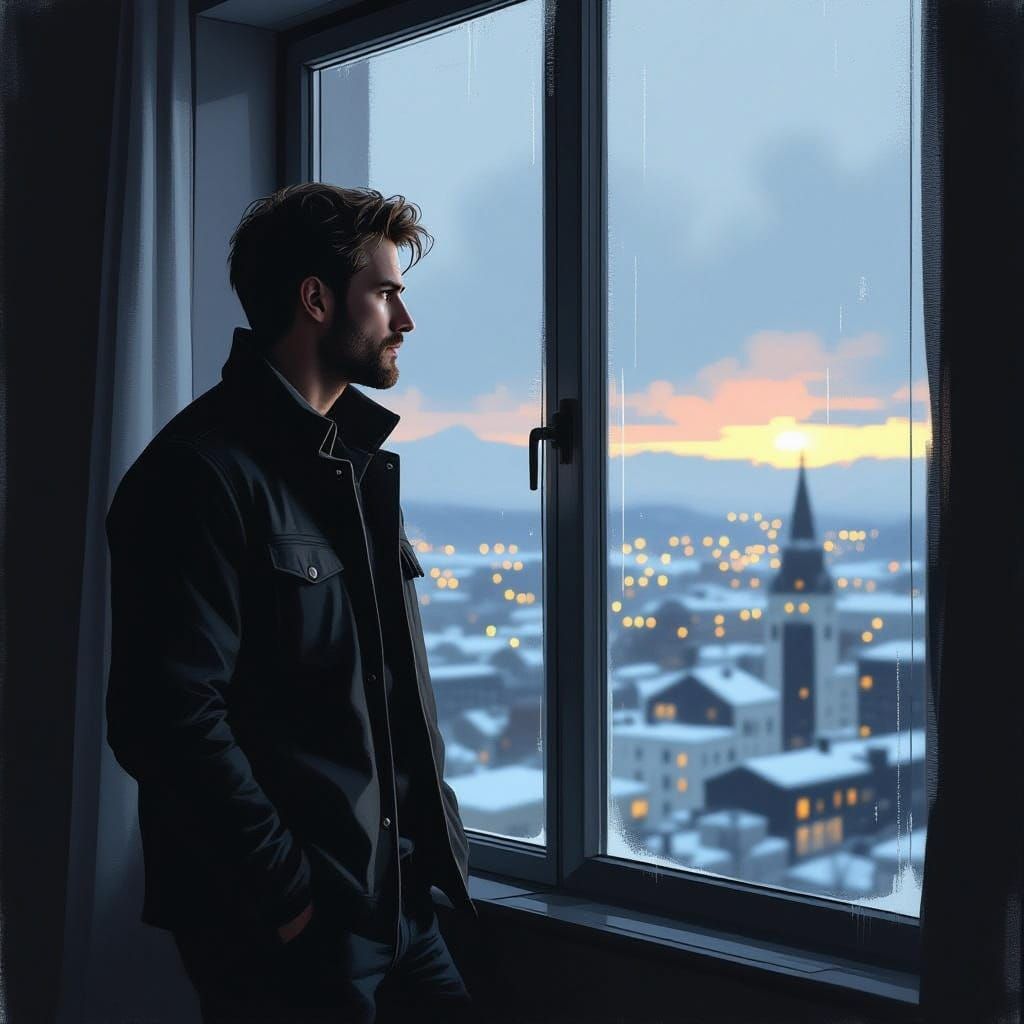 Contemplative Man Gazing Out Window in Realistic Style