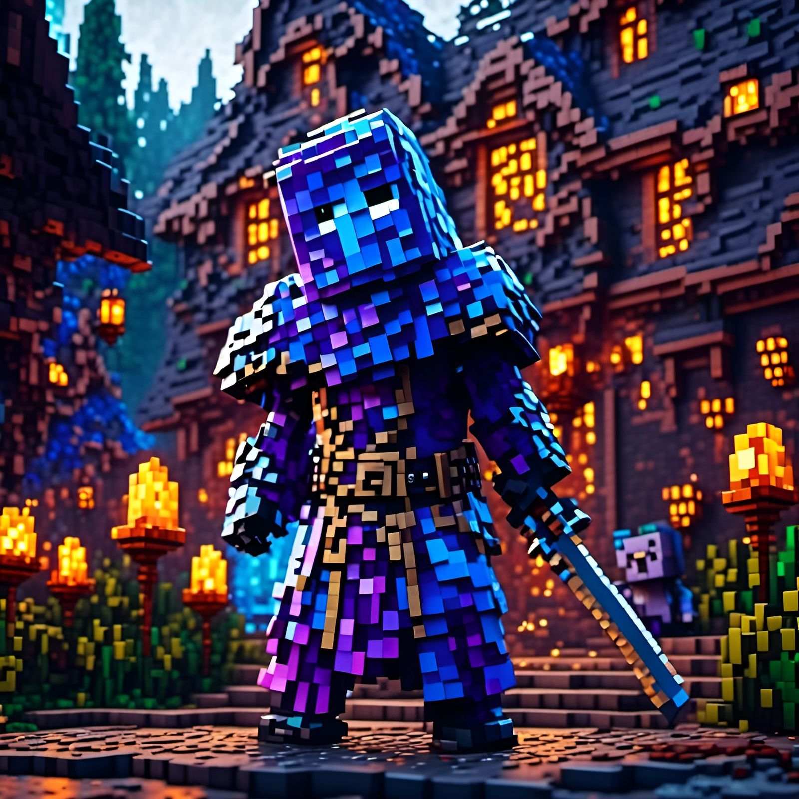 Photorealistic Minecraft Pillager in Rainy Village