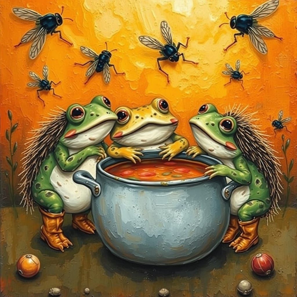 Cute Frogs and Hedgehogs Cook Soup in Impasto Painting Style