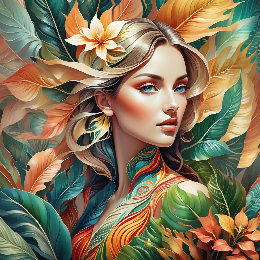 Surreal Woman with Tropical Foliage in Watercolor Style