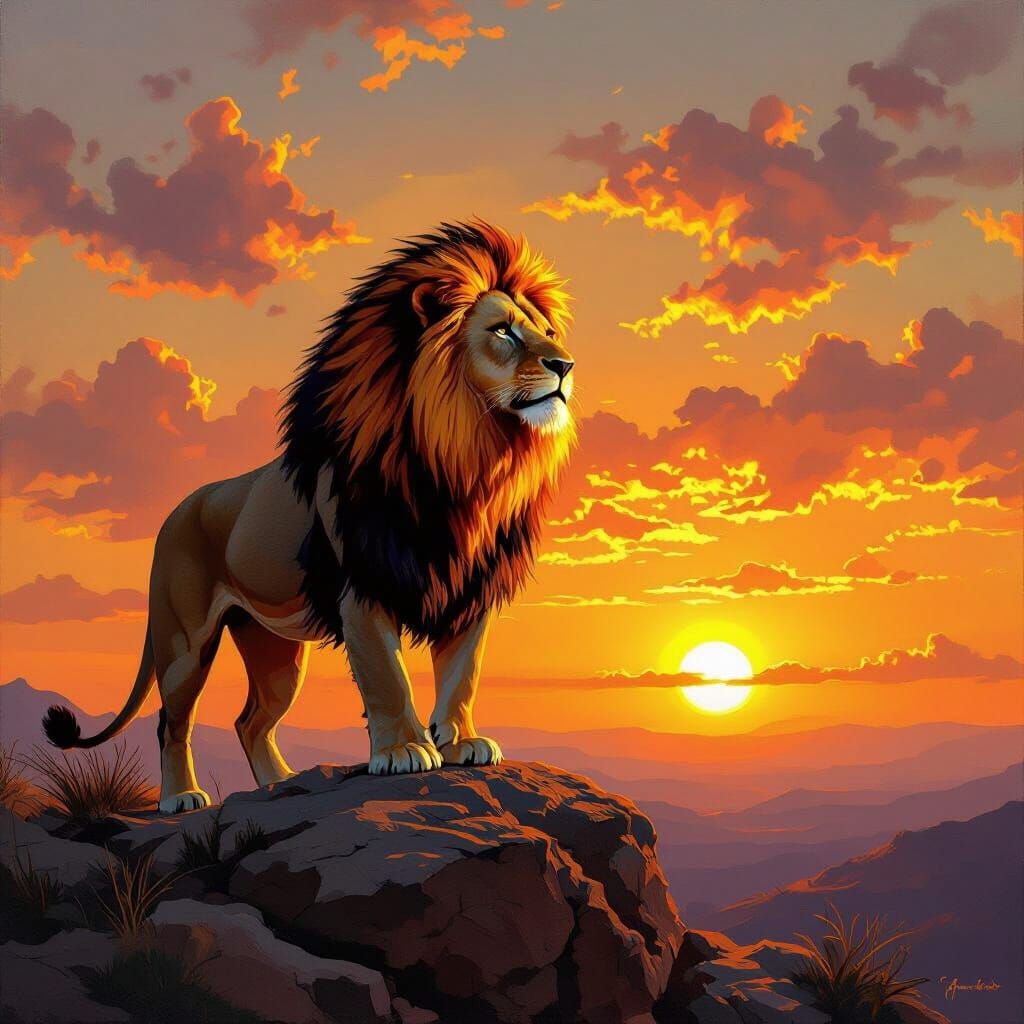 Lion with Flaming Mane at Sunset, Oil Painting Style