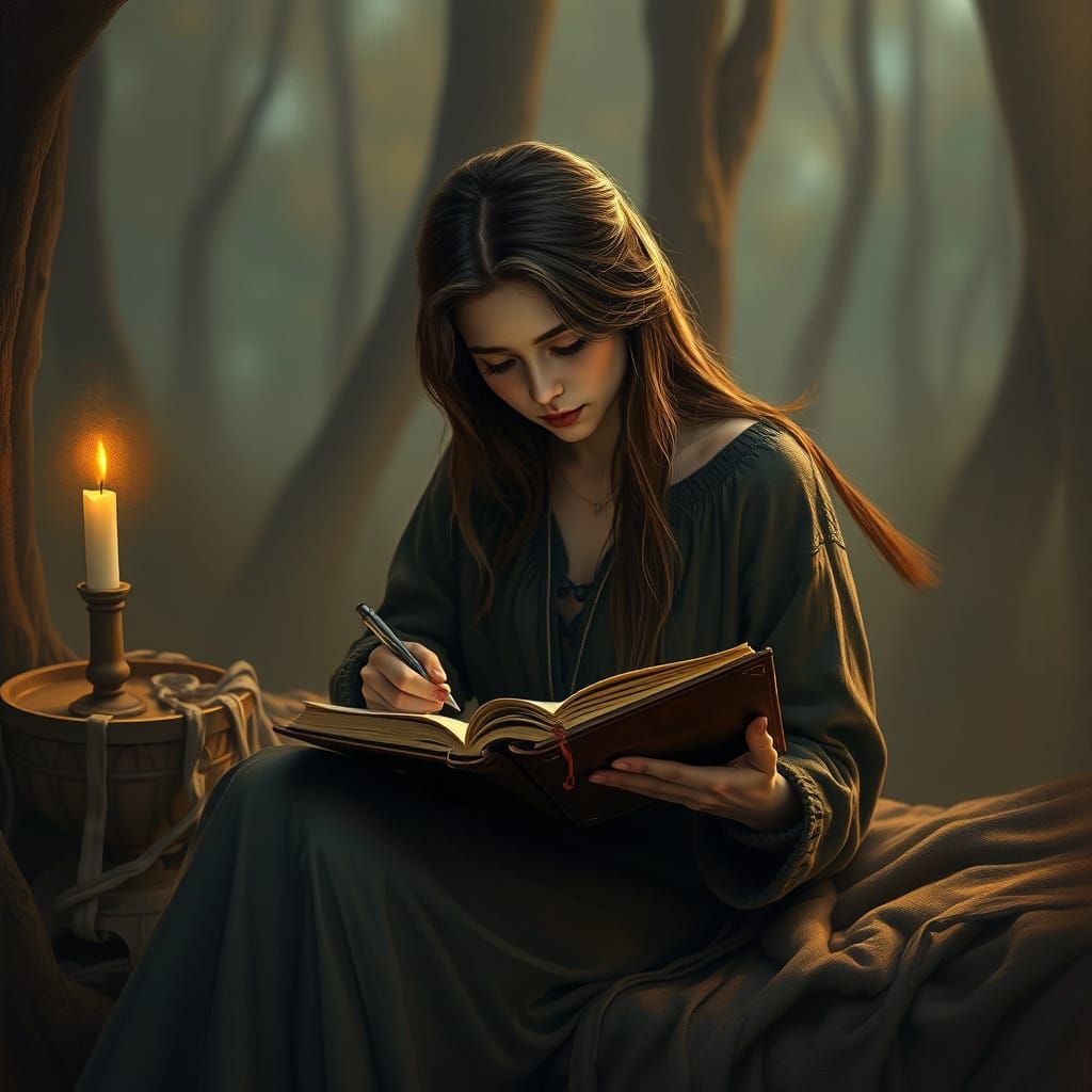Serene Woman Writing in Journal by Candlelight