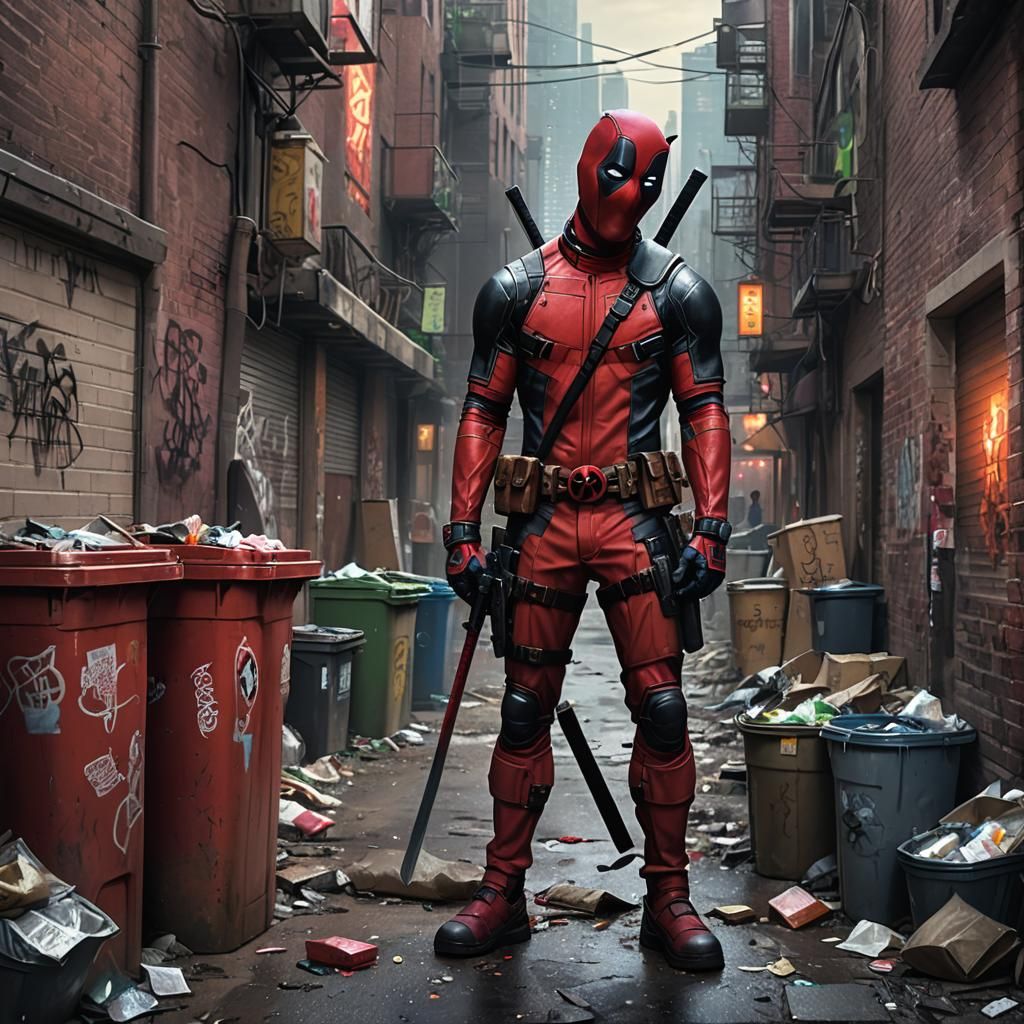 Deadpool in Gritty City Alley, Art Nouveau Style