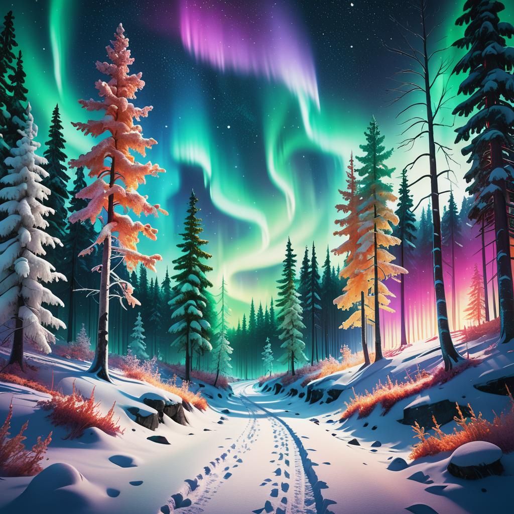 Winter Forest Path Under Aurora, 3D Digital Art