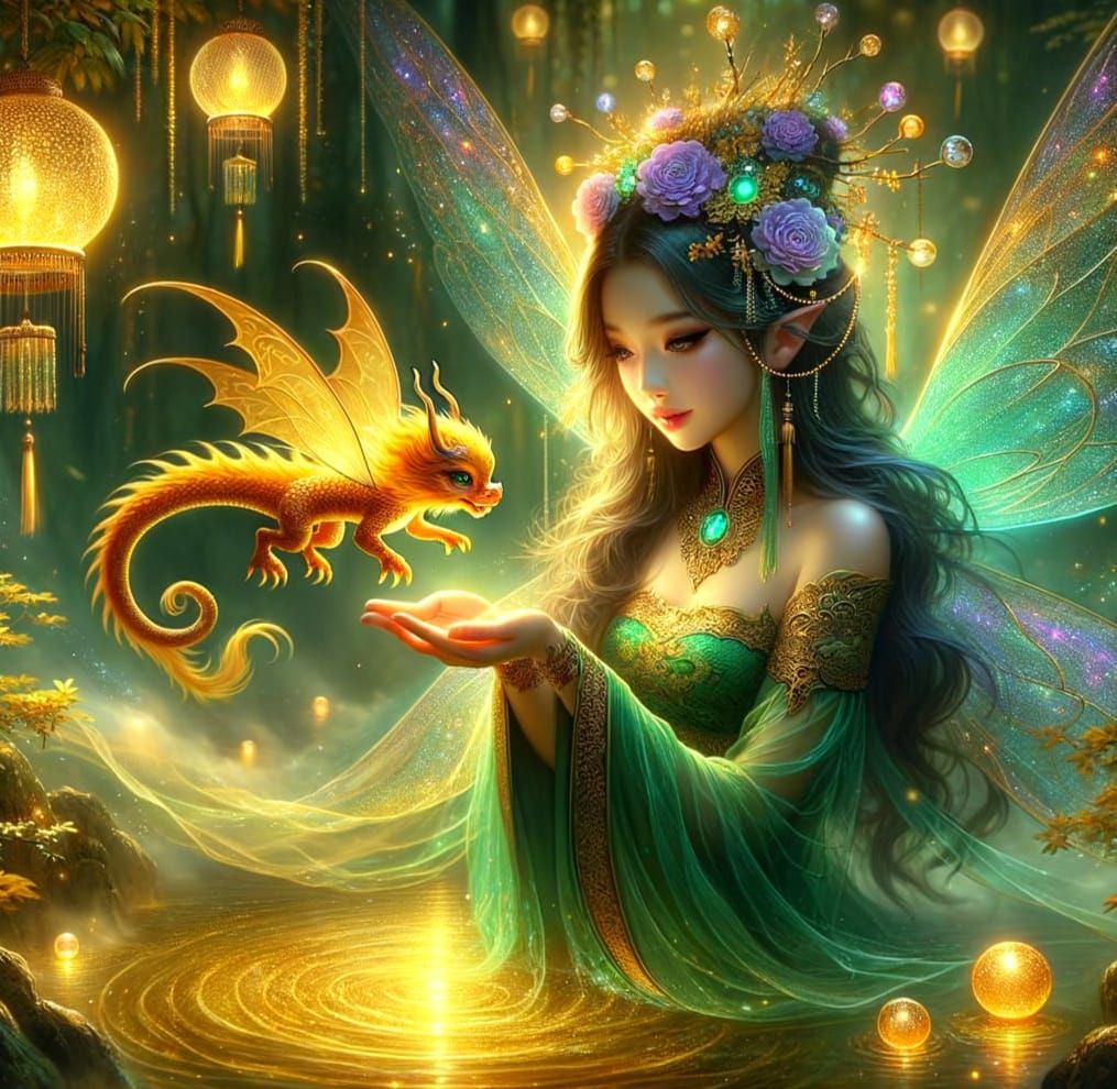 Ethereal Fairy and Dragon in Golden Light