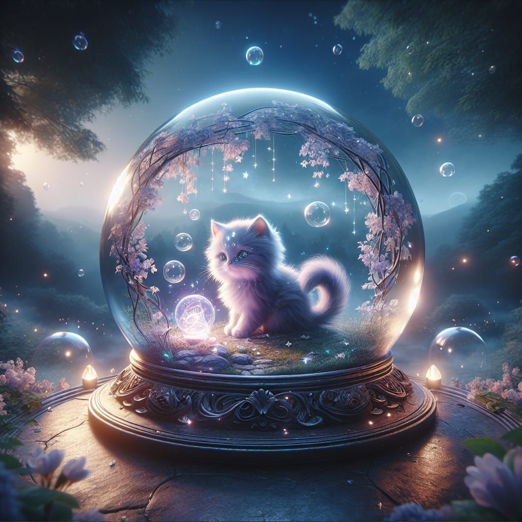 Enchanted Kitten in Crystal Ball, Fantasy Garden Scene