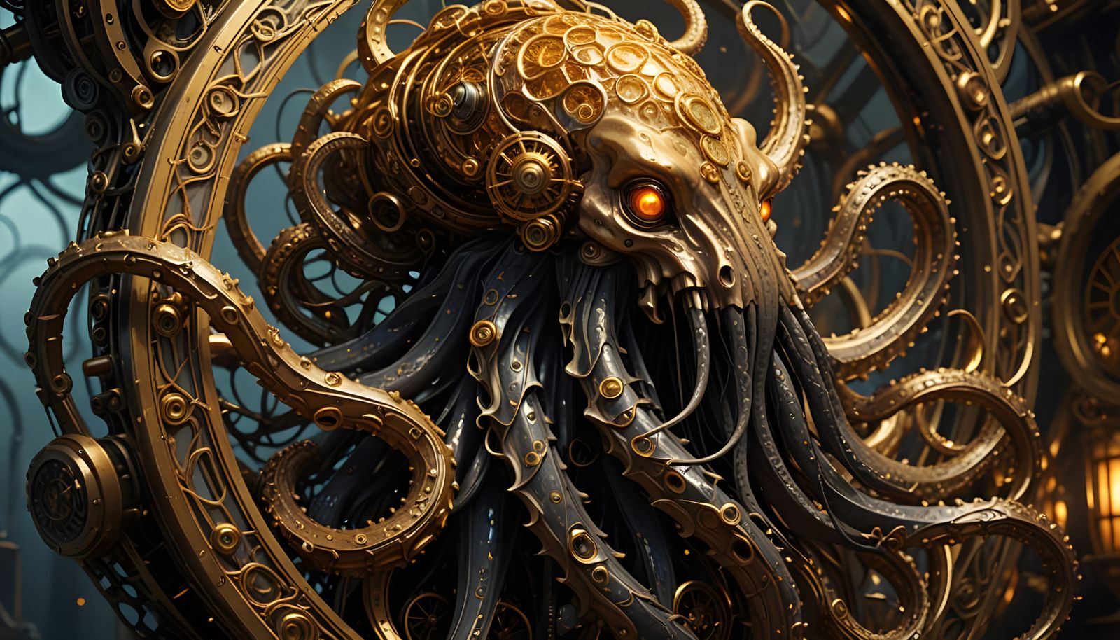 Clockwork Kraken Emerges from Abyss in Dark Fantasy Style
