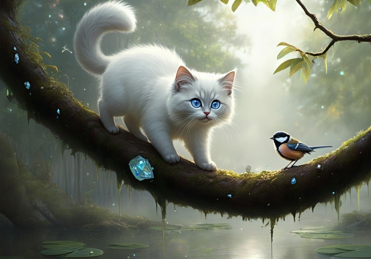Chibi Cat Stalking Bird: Fantasy Oil Painting
