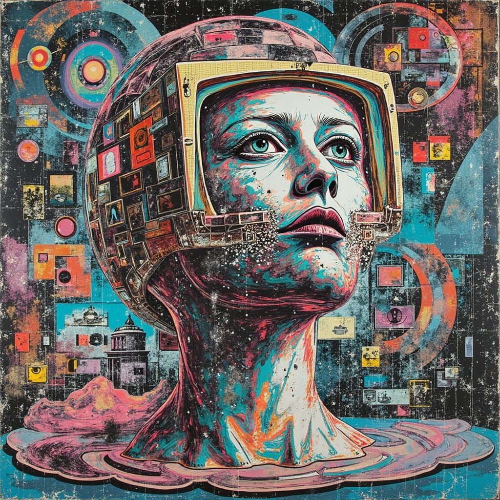 Recursive Head Devours Reflection in Retro Sci-Fi Collage