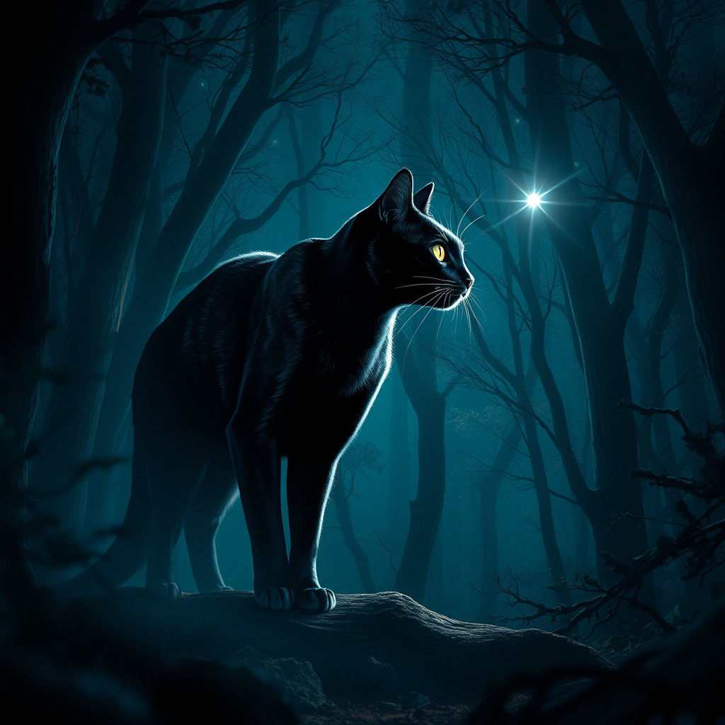 Luminescent Black Cat Emerges from Forest