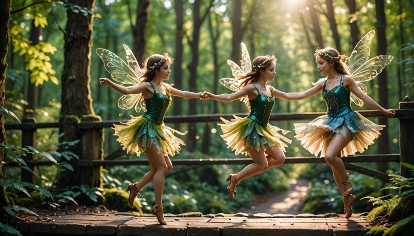 Fairies Dancing on Forest Bridge: Professional Photography