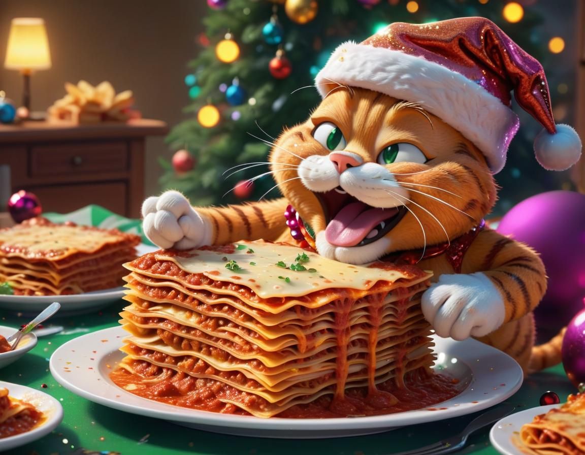 Garfield Eating Lasagna in Christmas Art Style