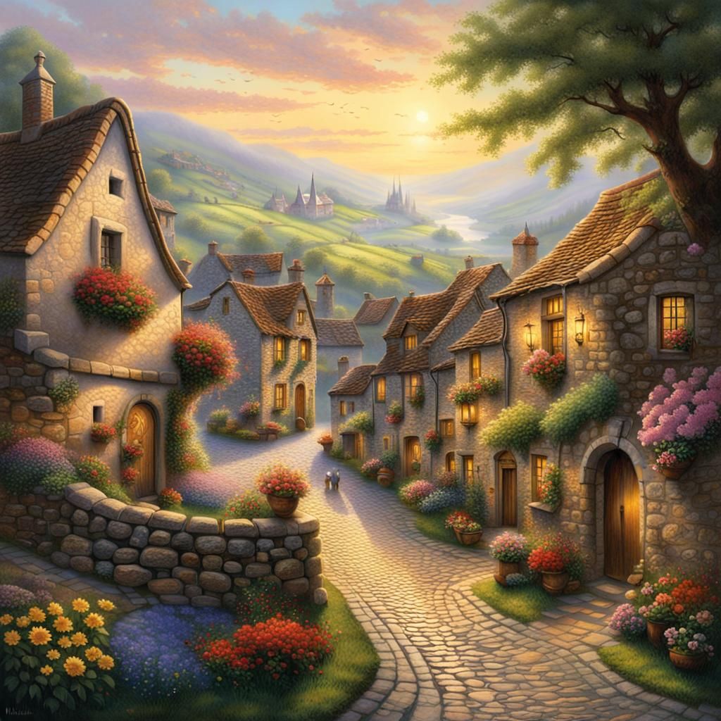 Ethereal Medieval Village with Cobblestone Buildings