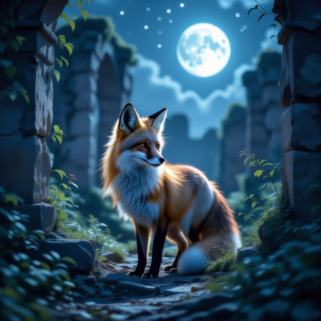 Ethereal Stardust Fox in Moonlit Ruins