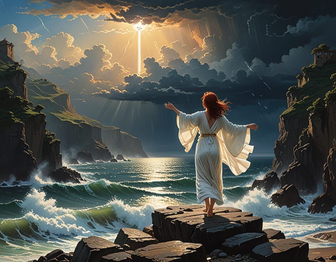 Redheaded Woman in Stormy Landscape Worship