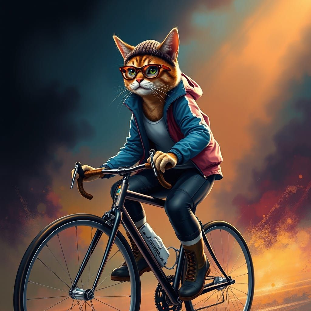 Cyberpunk Feline Cyclist in Vibrant, Hyper-Realistic Art