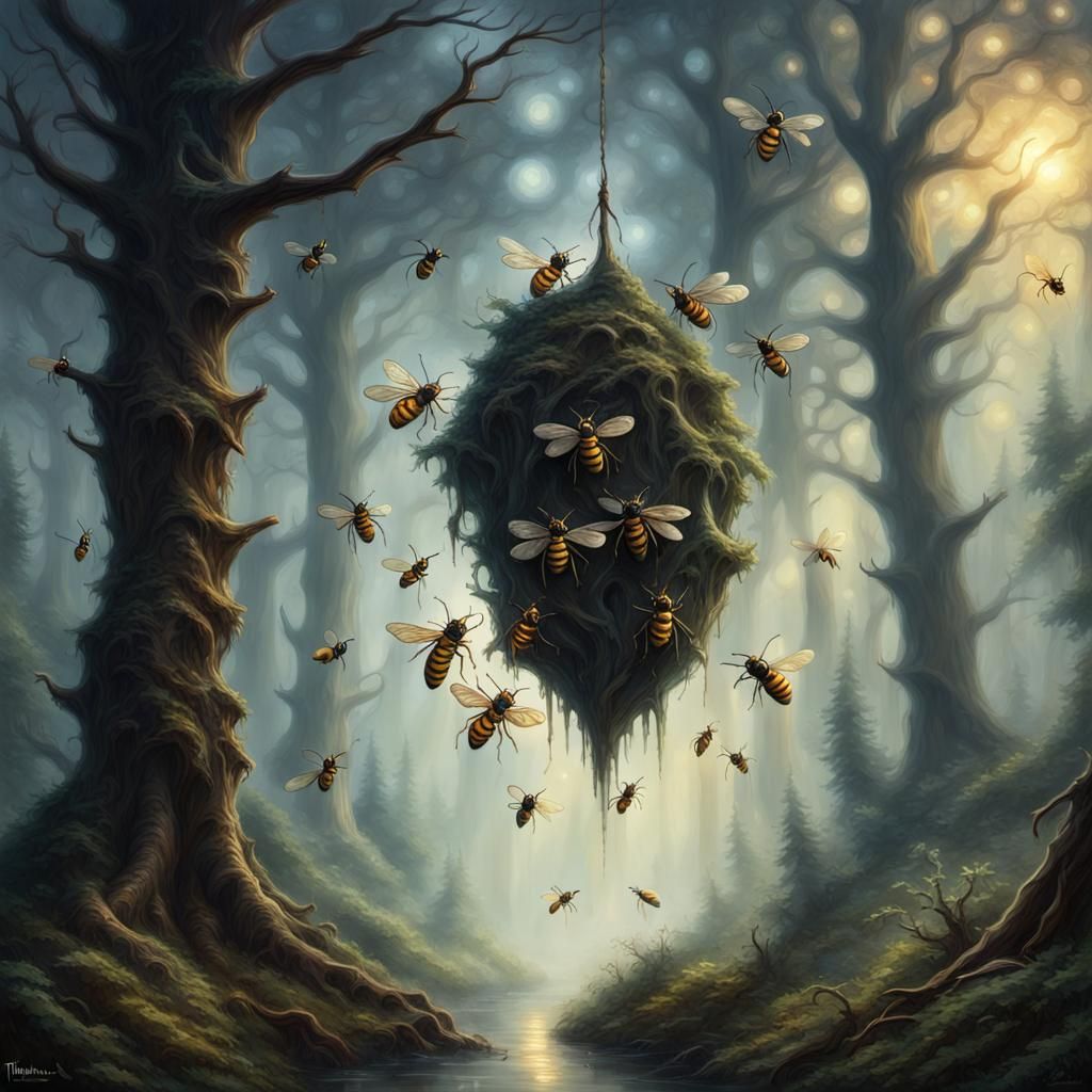 Giant Wasps Return to Nest in Dark Forest