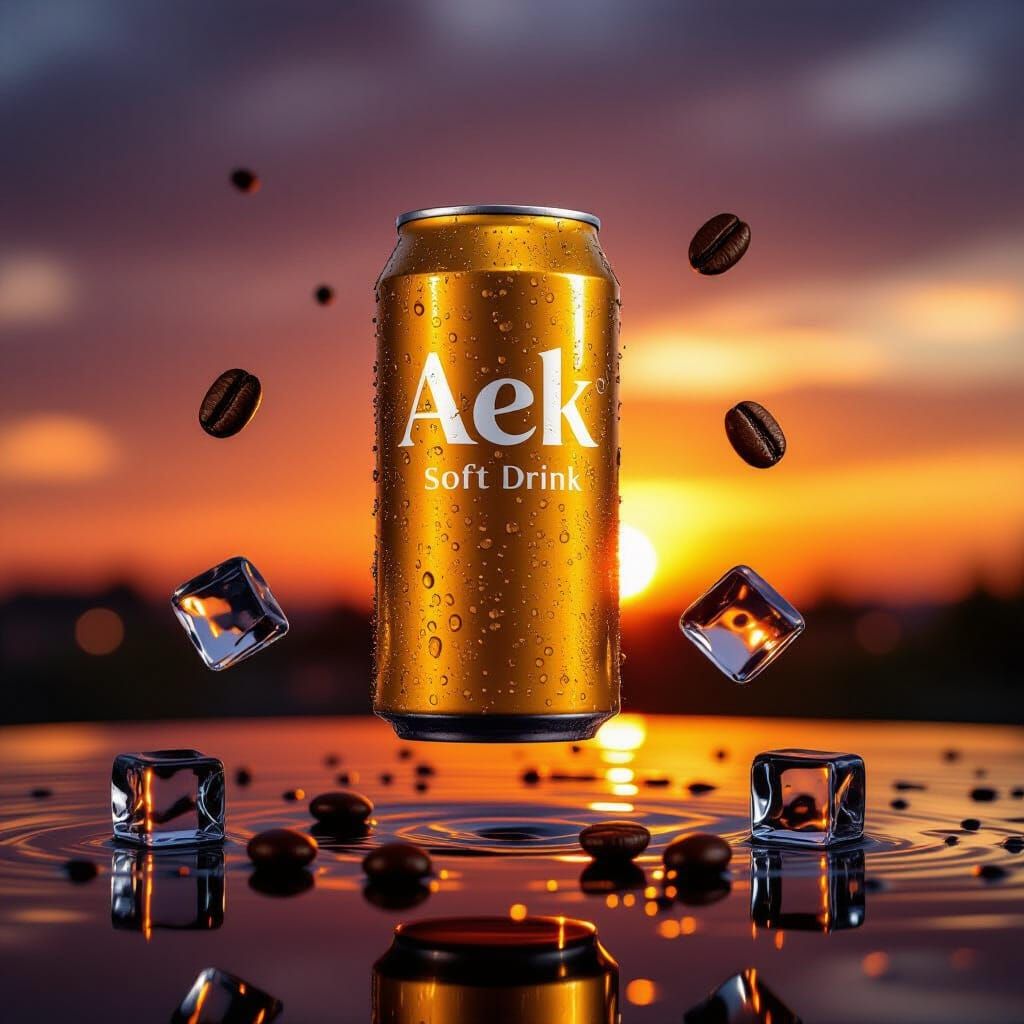 Gold AEK Soft Drink Can in Sunset Sky
