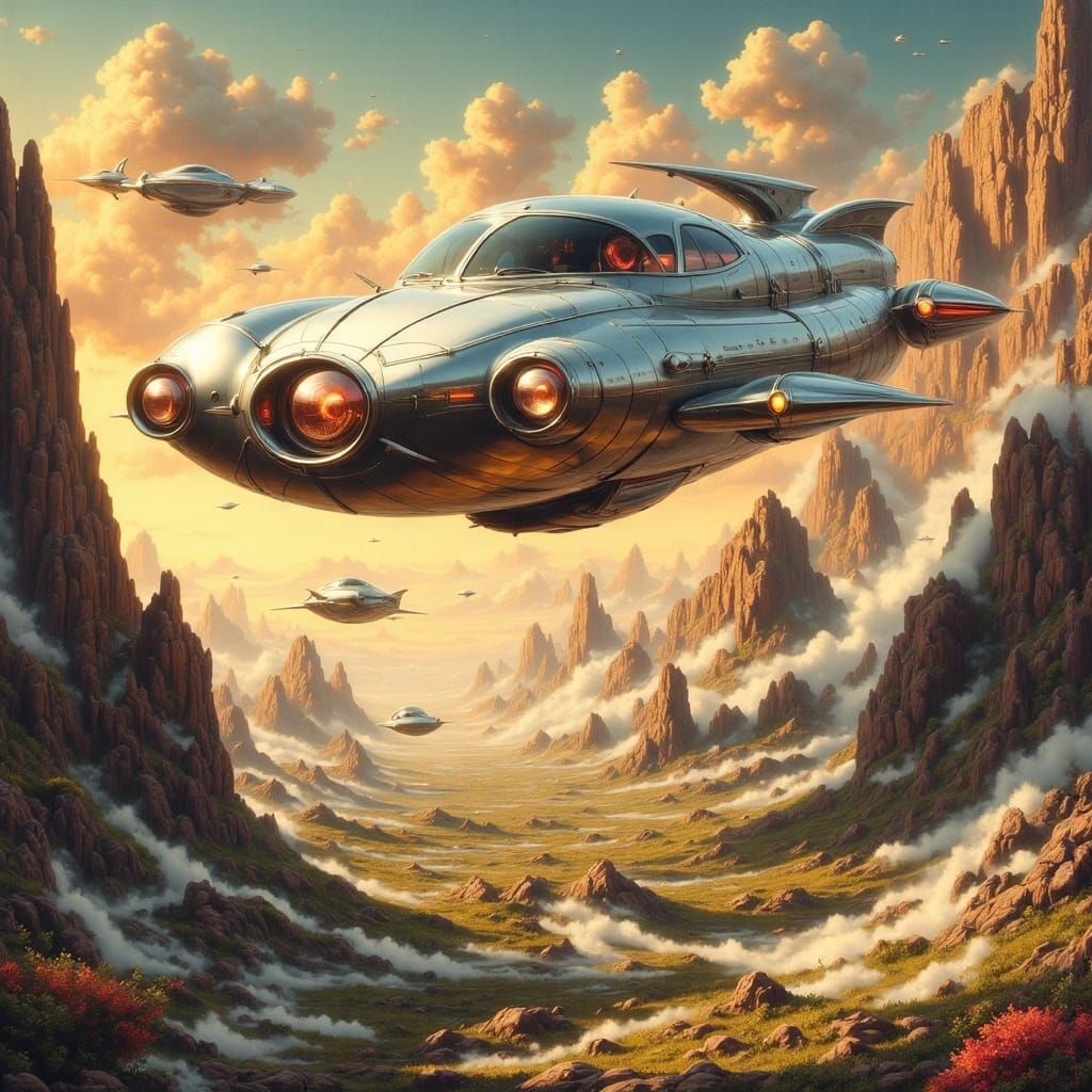 Retrofuturistic UFO in a Dreamlike Steampunk World