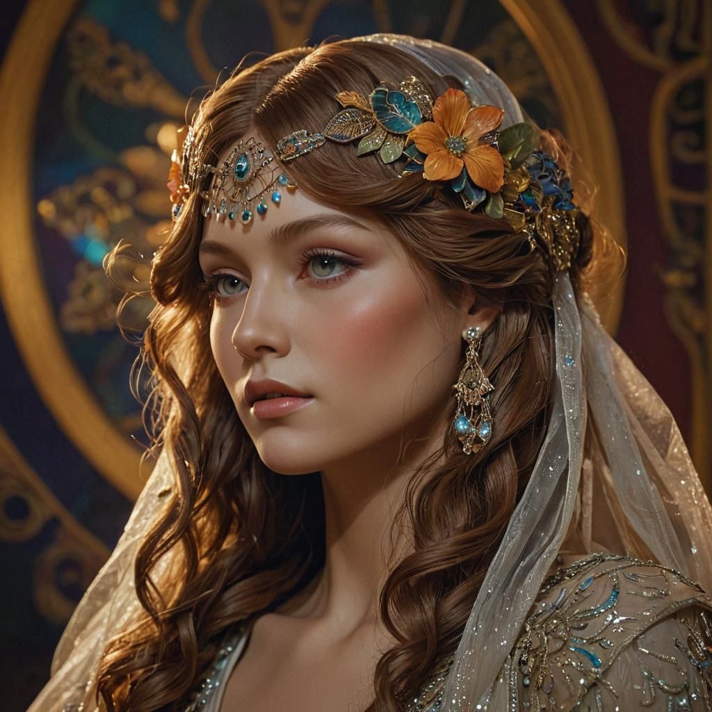 Art Deco Waxwork with Luminous Veil, Hyperdetailed
