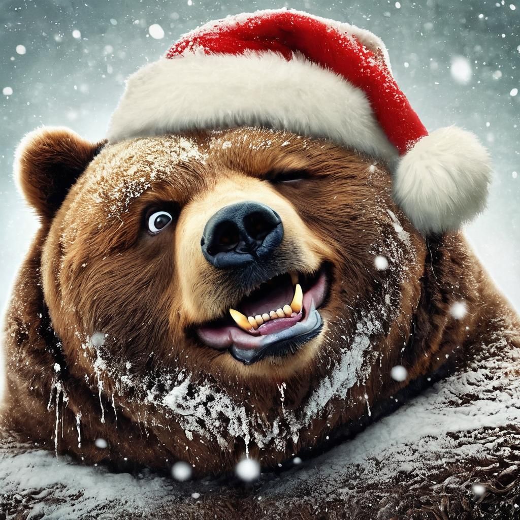 Kodiak Bear in Sarcasm Mode, Wearing Santa Hat in Snowy Land...