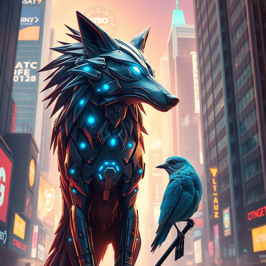 Cyber Wolf and Bird in Neon Cityscape
