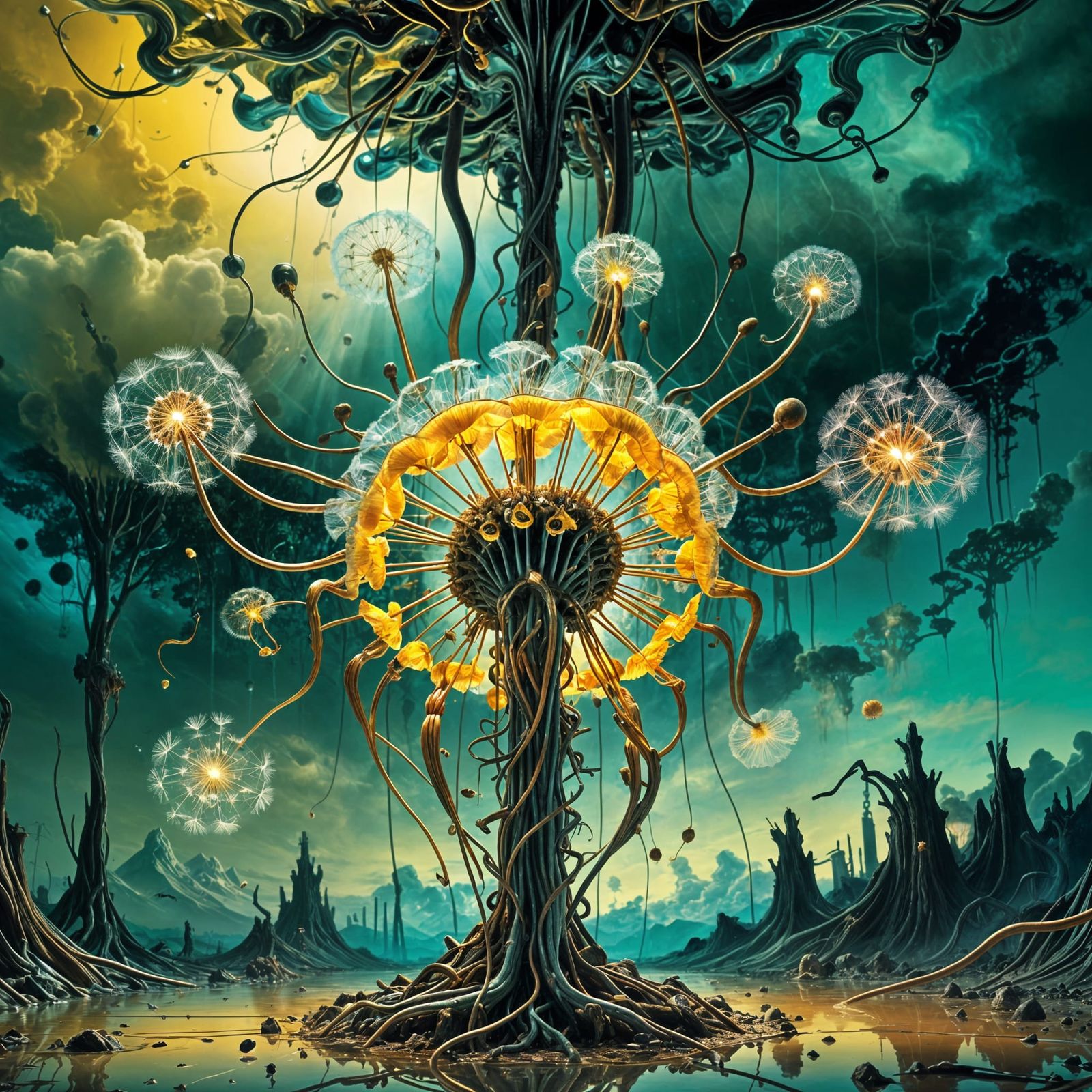 Cyberpunk Dreamscape with Biomechanical Blooms