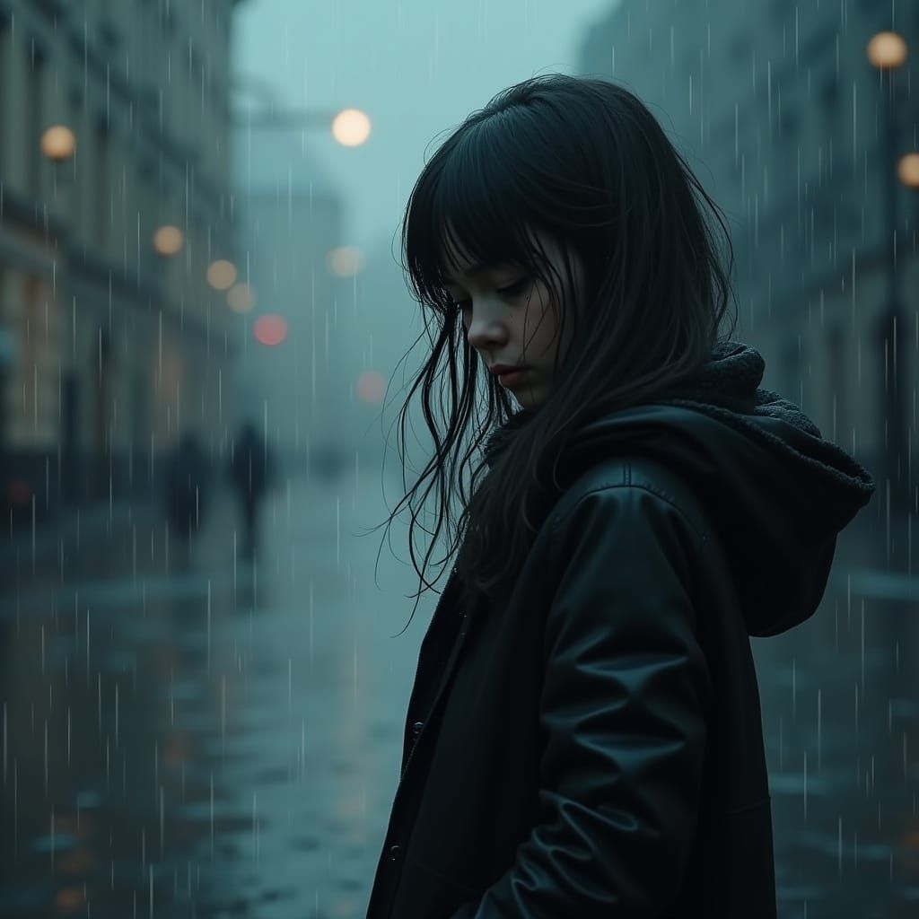 A Young Girl's Melancholy in Rainy Night