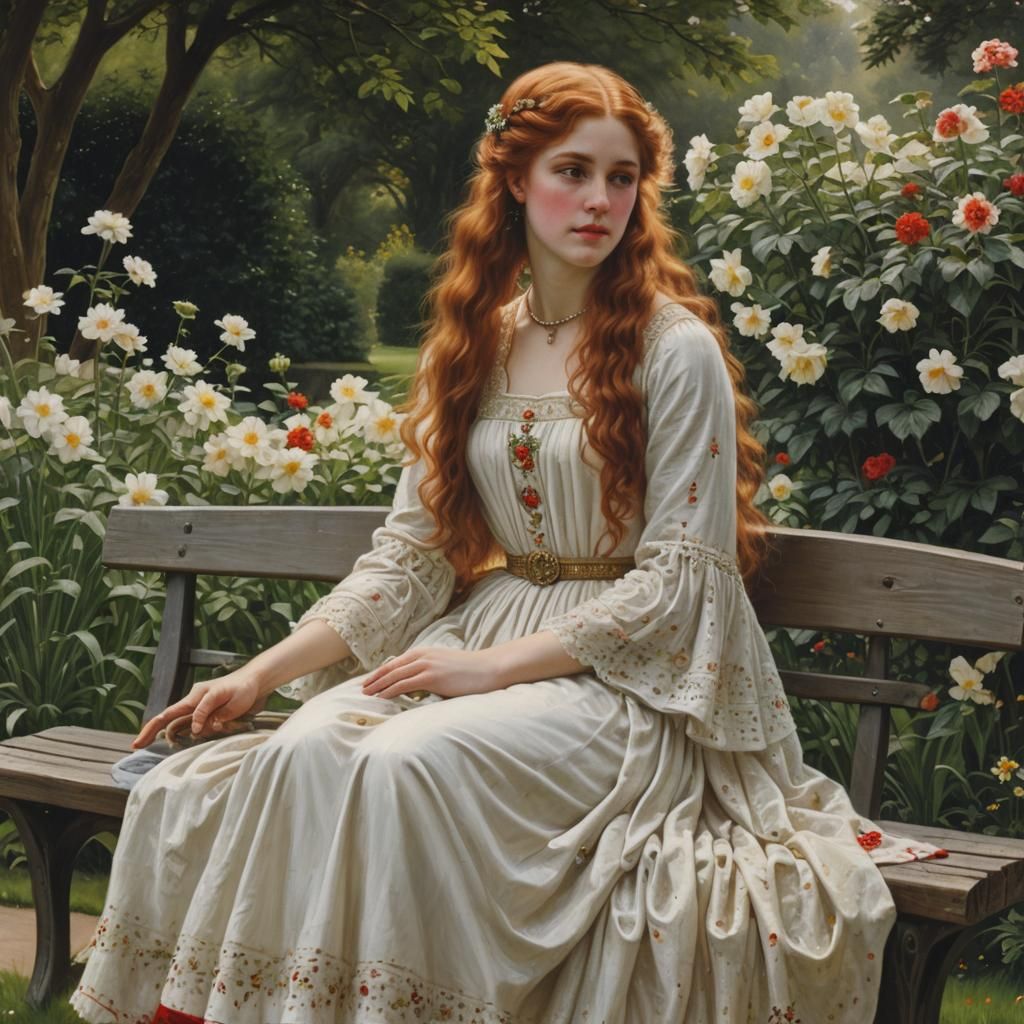 Woman in White Dress in Garden, Pre-Raphaelite Style