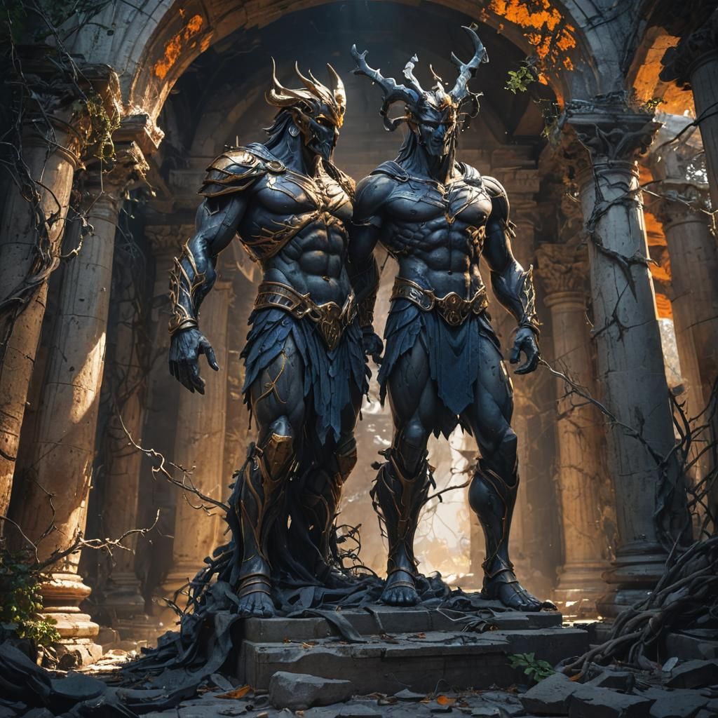 Ares Statue in Ruined Temple, Dark Fantasy Art