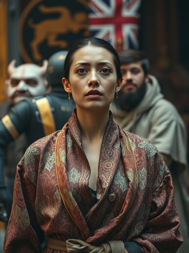 Surreal Woman in Woven Robe, Blurred Background