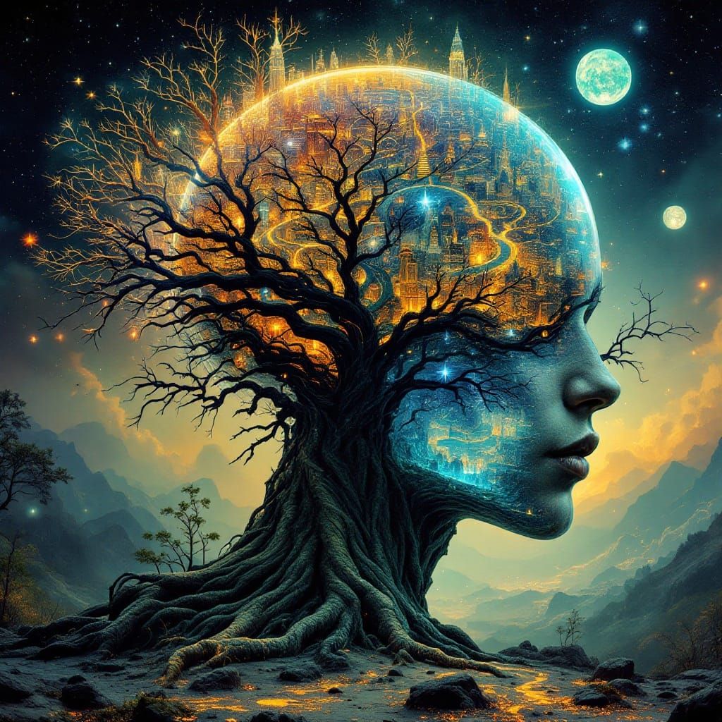 Surreal Cyberpunk Dreamscape with Ancient Tree and Glass Hel...